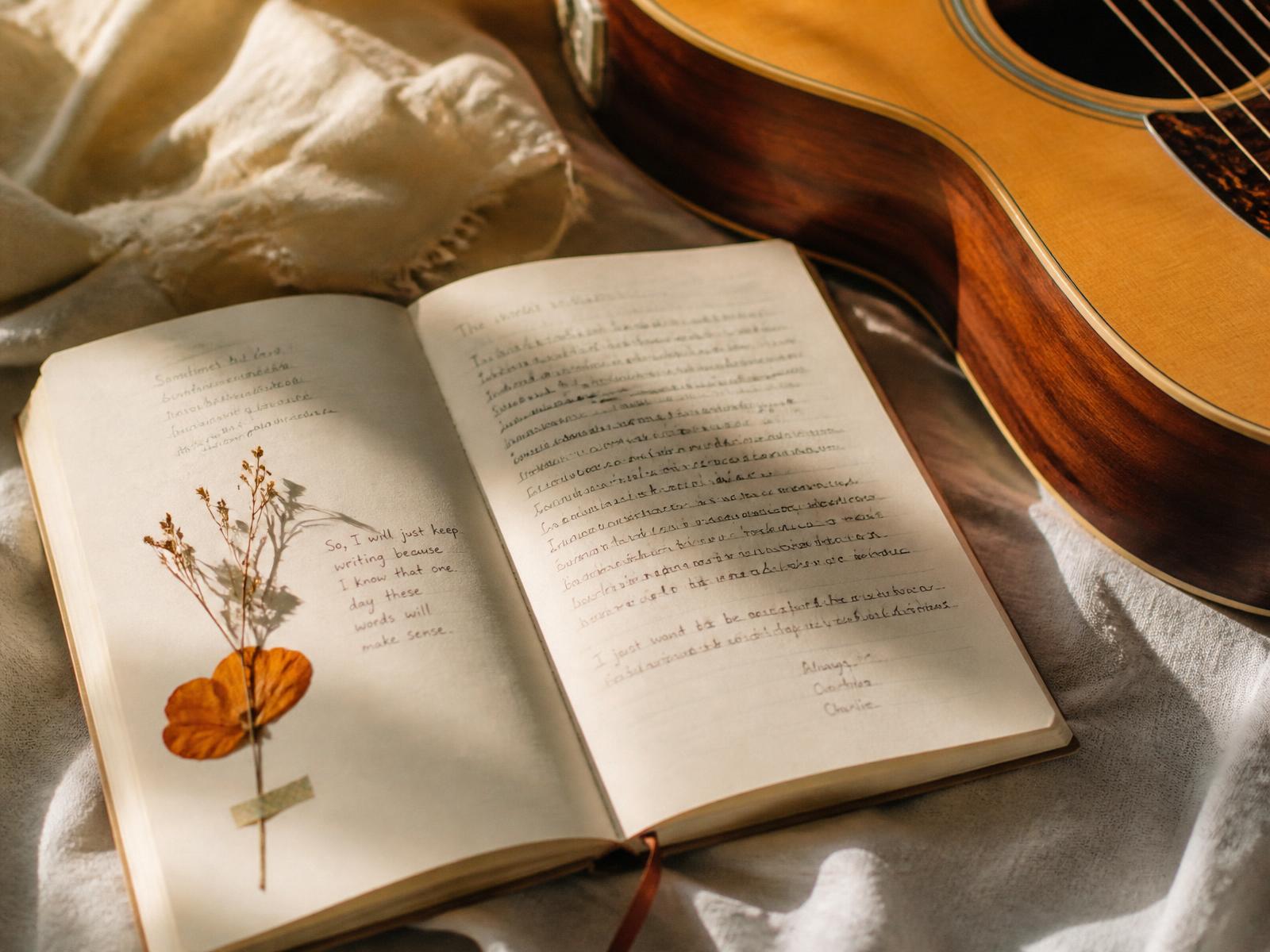 A handwritten journal beside an acoustic guitar in warm morning light